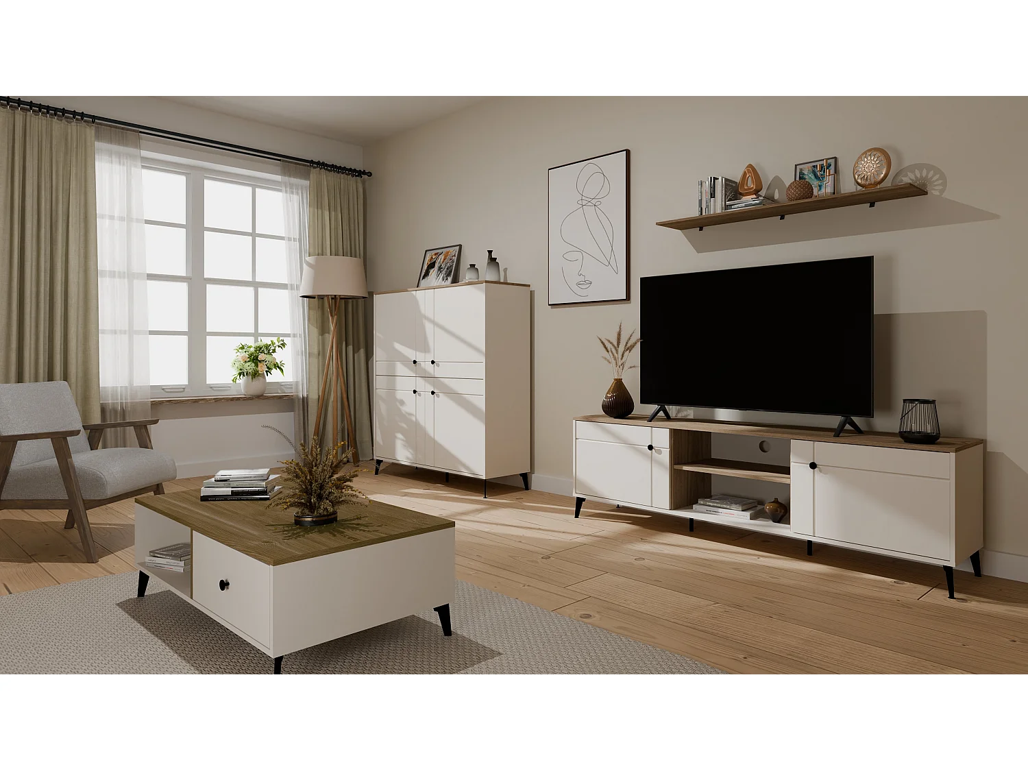 Tavolino da salotto moderno 110x60x37 beige e rovere TST15