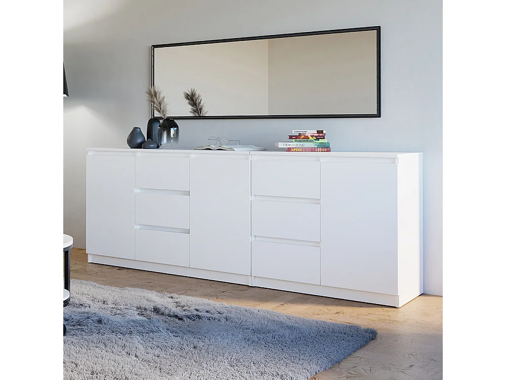 Madia moderna 200 cm con 3 ante e 6 cassetti bianca MT3