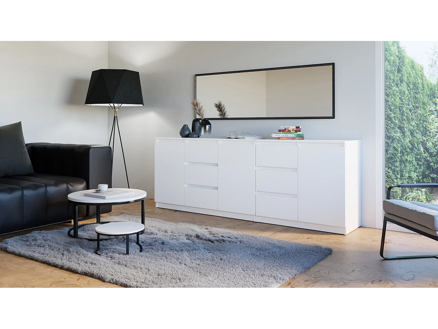 Madia moderna 200 cm con 3 ante e 6 cassetti bianca MT3