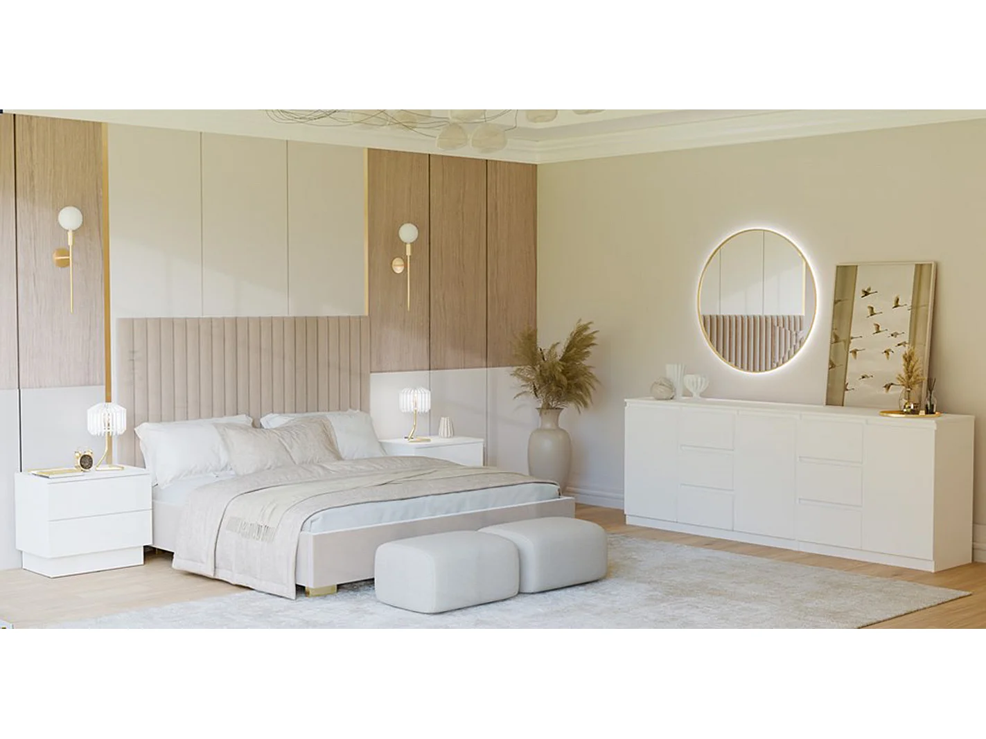 Madia moderna 200 cm con 3 ante e 6 cassetti bianca MT3