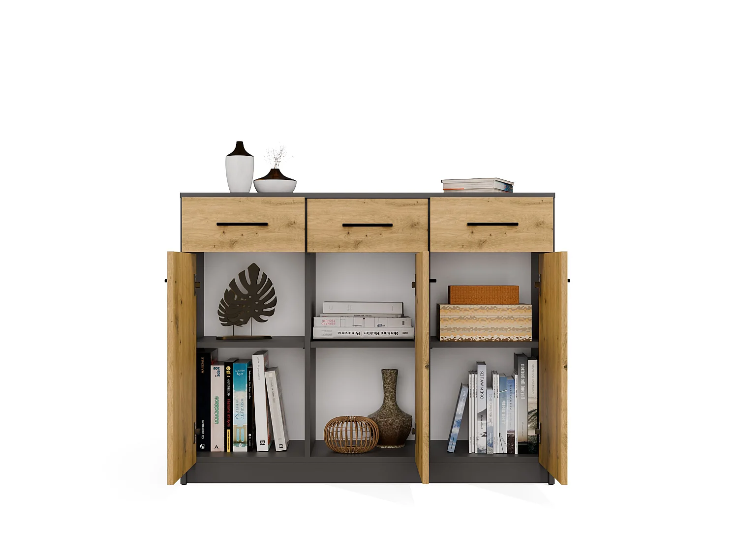 Madia moderna 109 cm 3 ante e 3 cassetti in rovere e antracite MT14