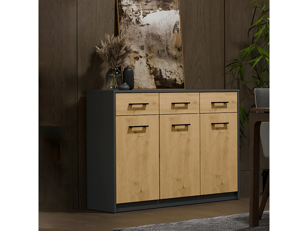 Madia moderna 109 cm 3 ante e 3 cassetti in rovere e antracite MT14