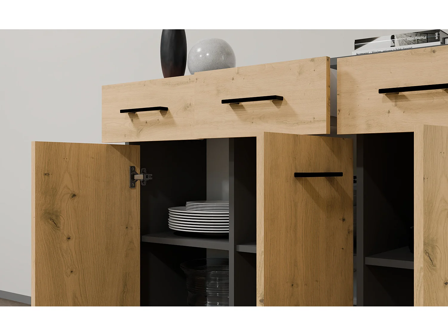 Madia moderna 109 cm 3 ante e 3 cassetti in rovere e antracite MT14