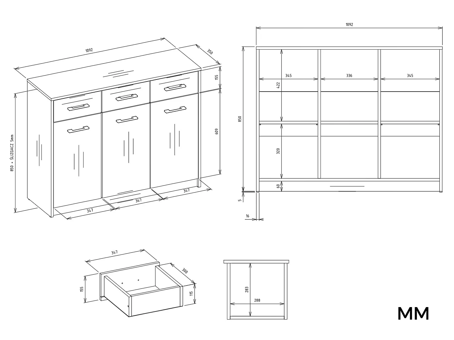 Madia moderna 109 cm 3 ante e 3 cassetti in rovere e antracite MT14