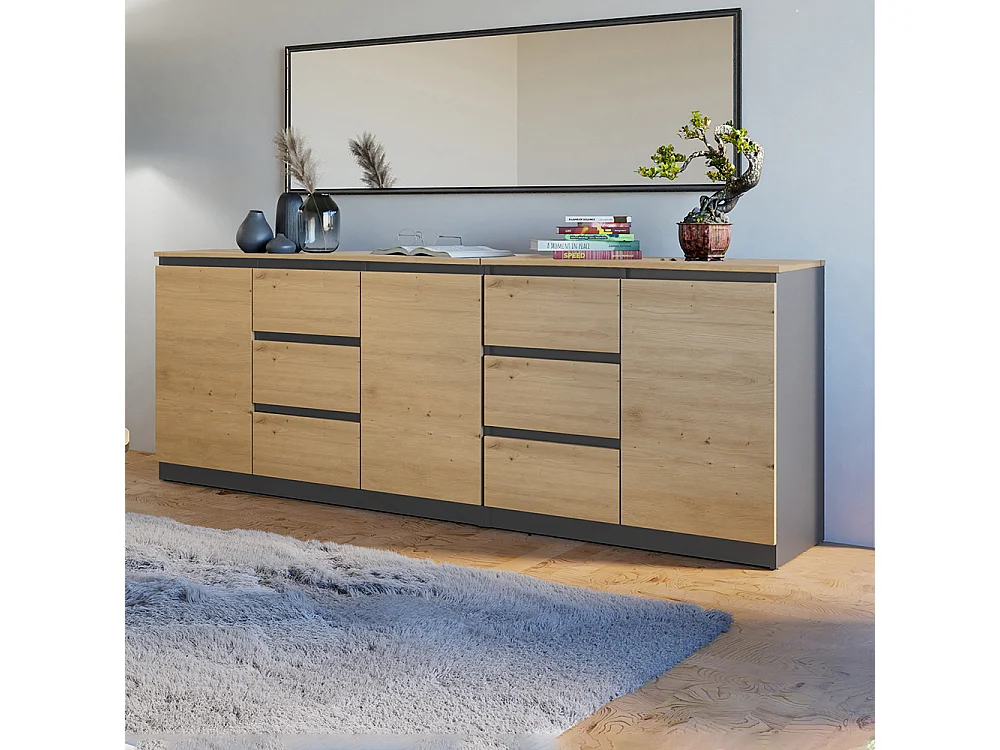 Madia moderna 200 cm con 3 ante e 6 cassetti rovere antracite MT3