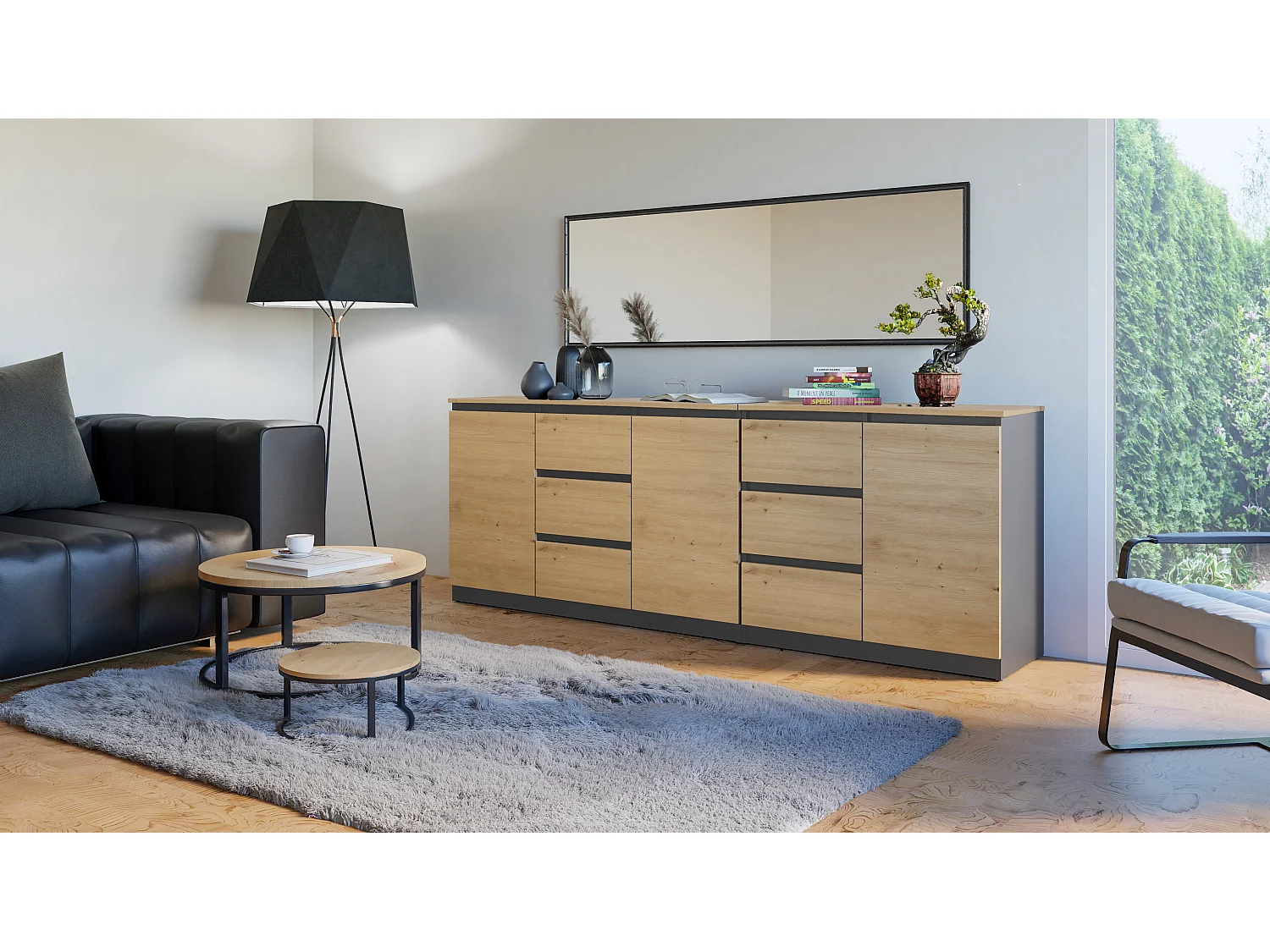 Madia moderna 200 cm con 3 ante e 6 cassetti rovere antracite MT3