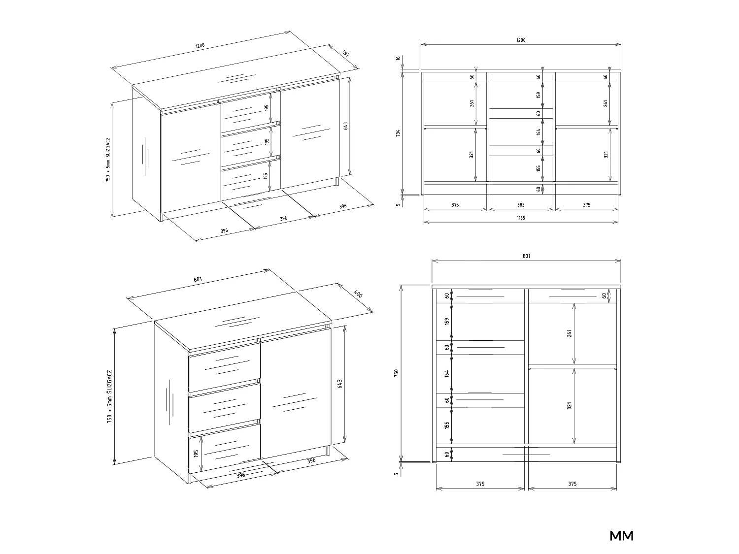 Madia moderna 200 cm con 3 ante e 6 cassetti rovere antracite MT3