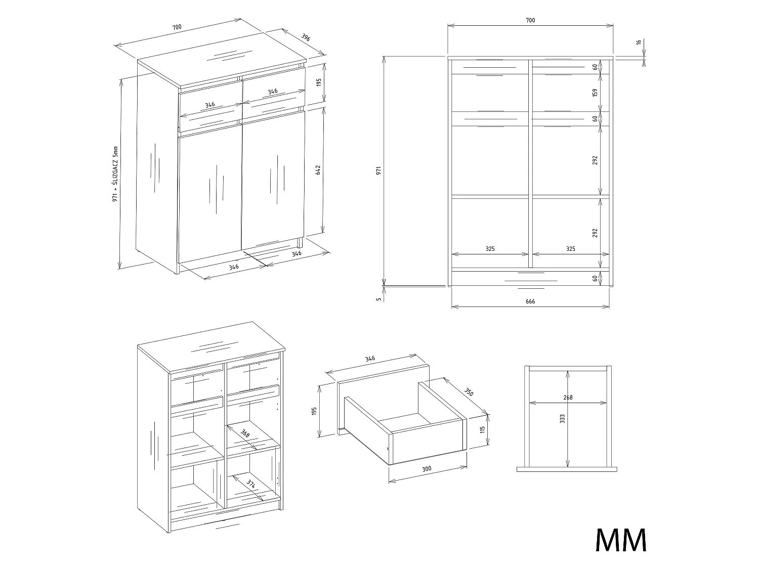 Mobile soggiorno multiuso 70x97 cm con ante e cassetti bianco opaco MMT5