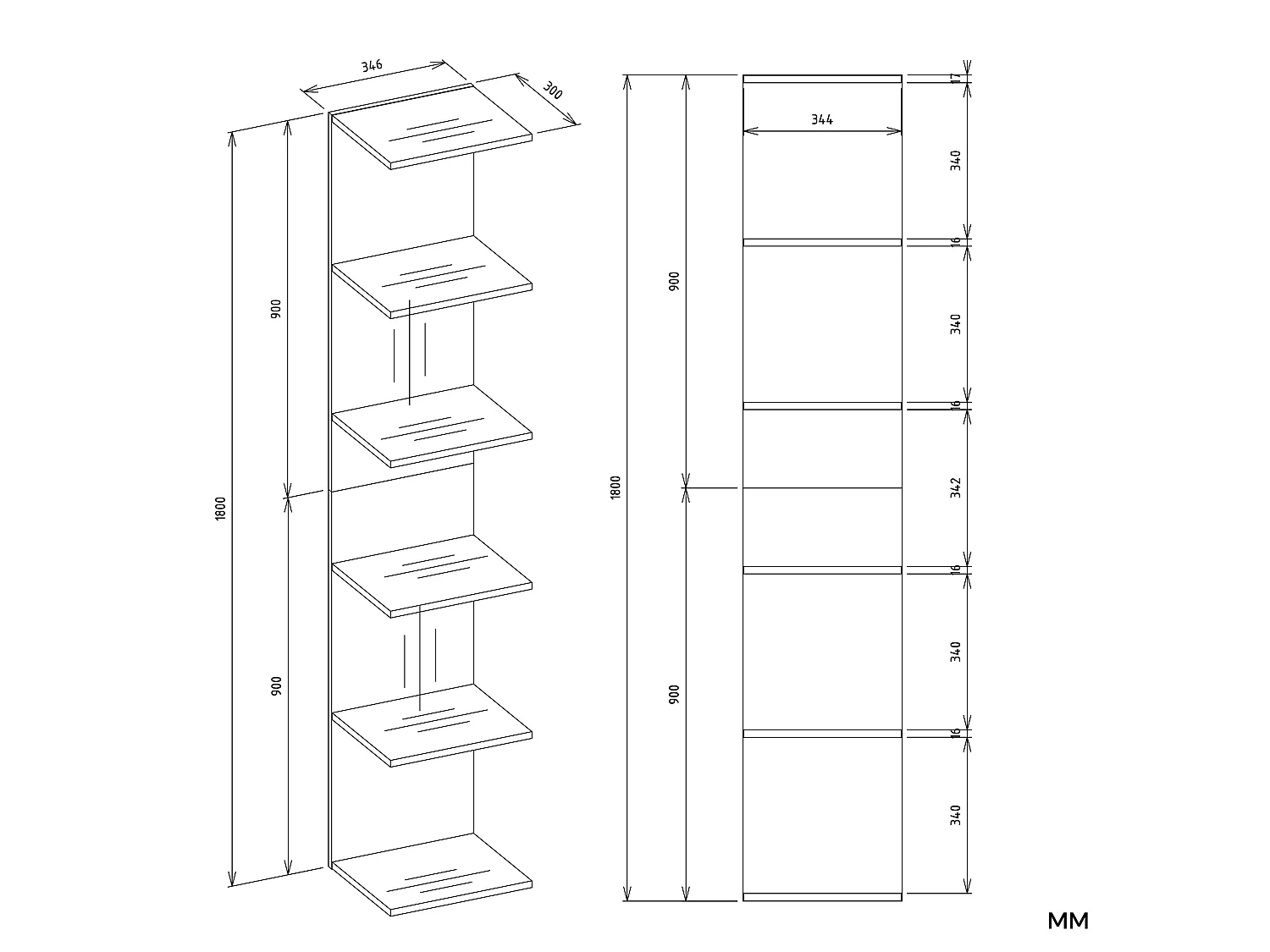 Libreria a muro 35x180 cm a 6 ripiani bianco opaco LBT11