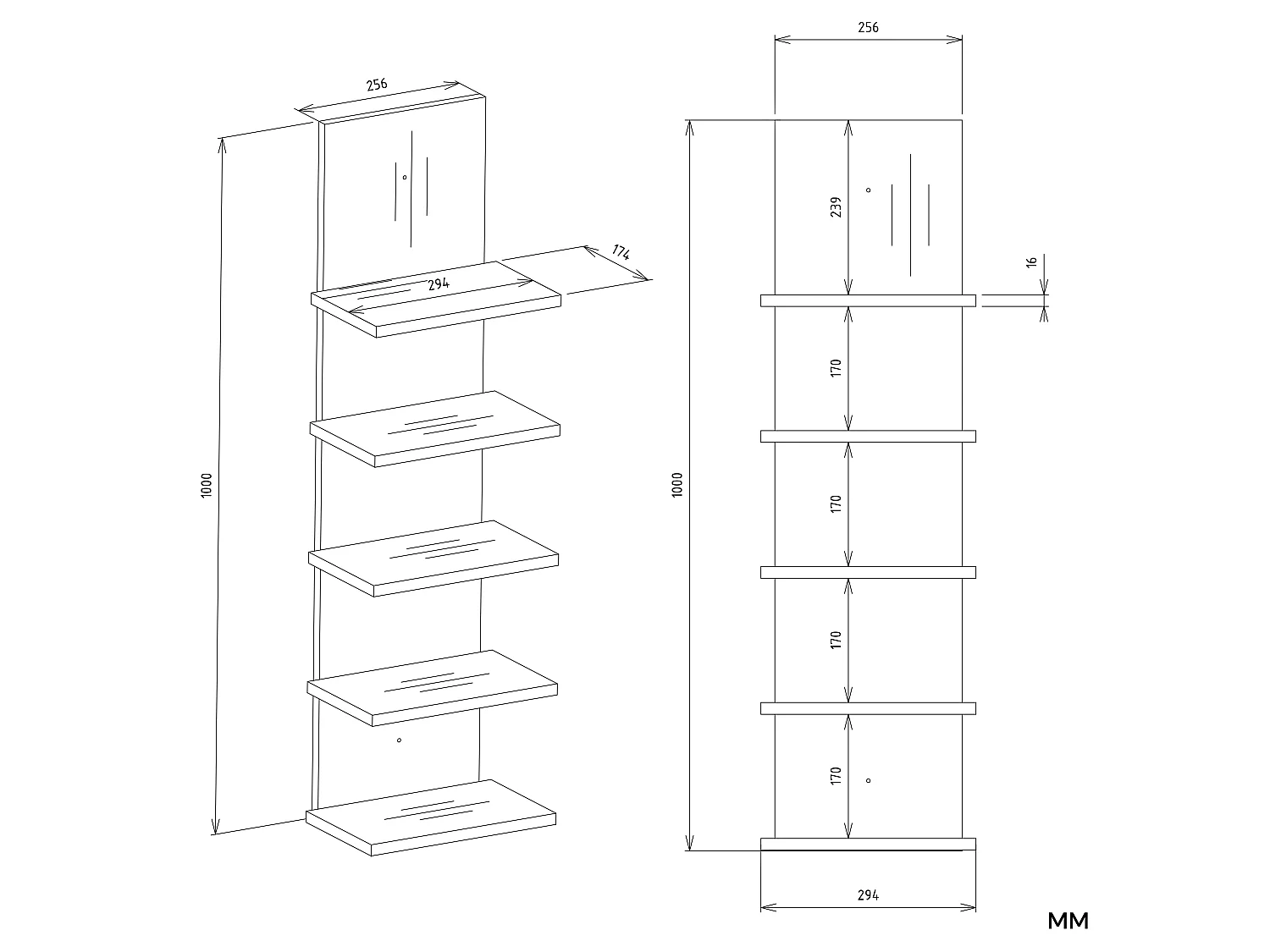 Libreria a muro 29,5x100 cm con 5 ripiani bianco opaco LBT22