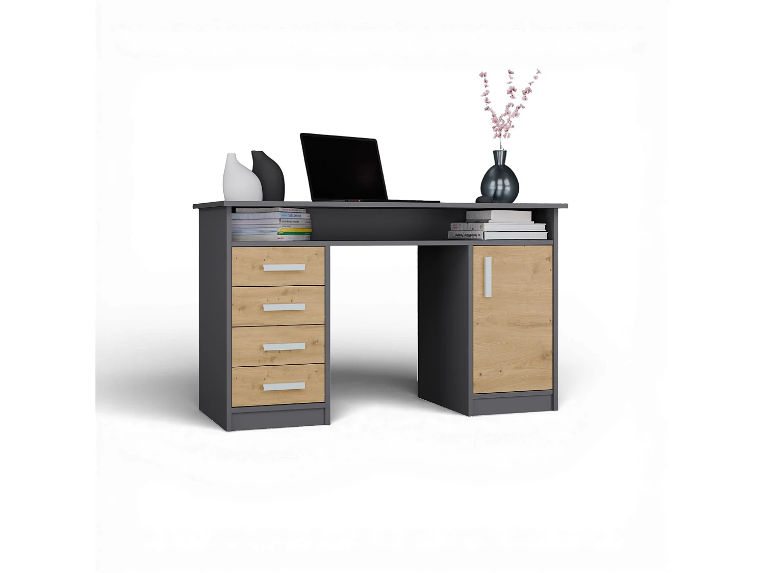 Scrivania 125x75 cm con 4 cassetti e anta rovere/antracite SCT9