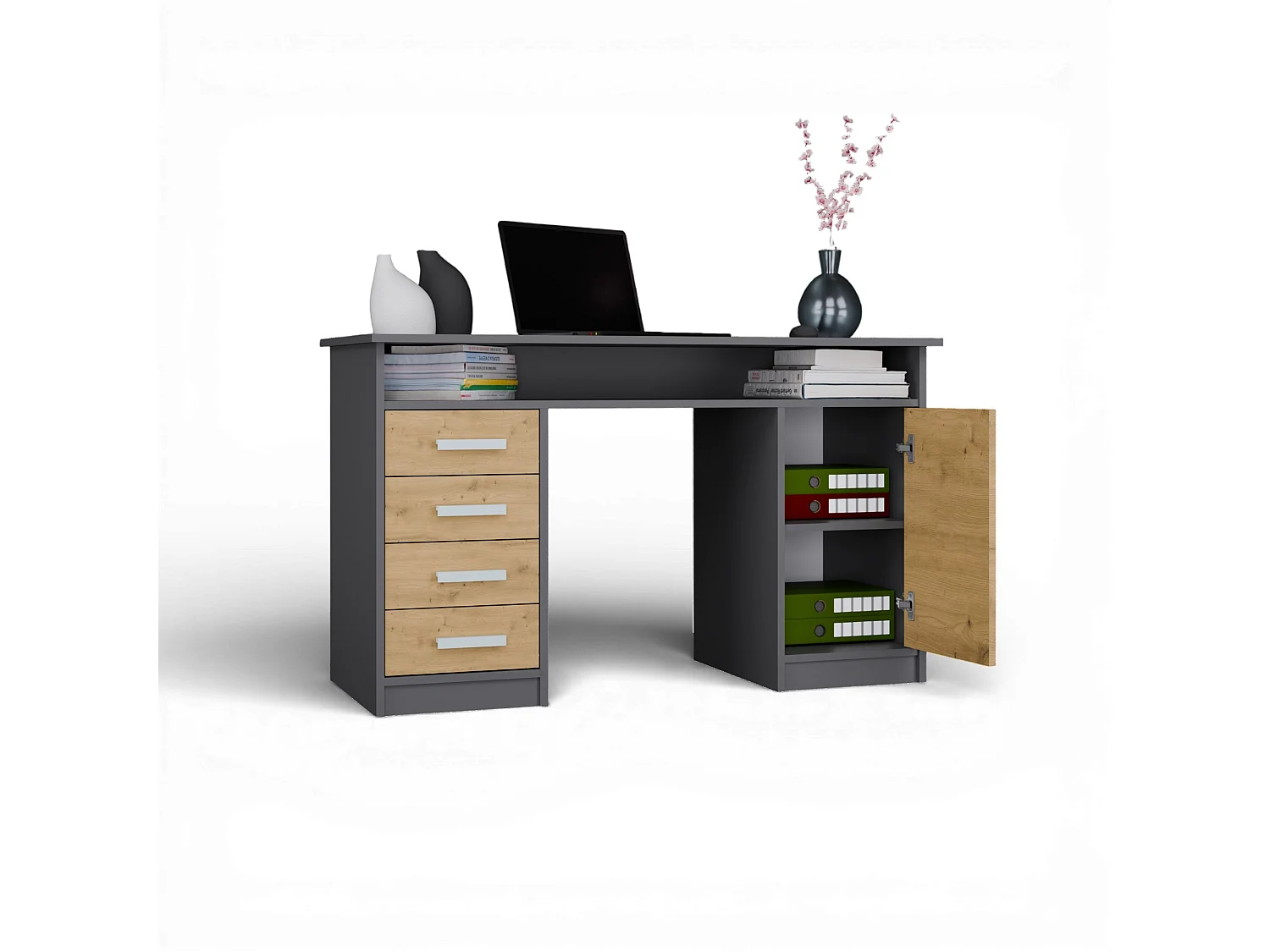 Scrivania 125x75 cm con 4 cassetti e anta rovere/antracite SCT9