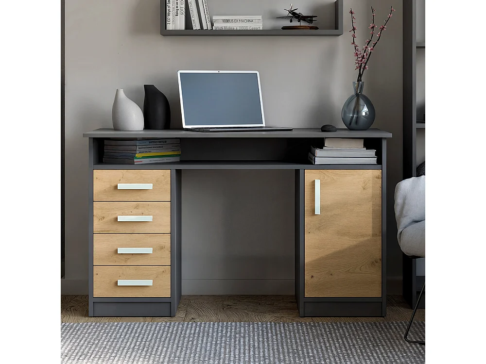Scrivania 125x75 cm con 4 cassetti e anta rovere/antracite SCT9