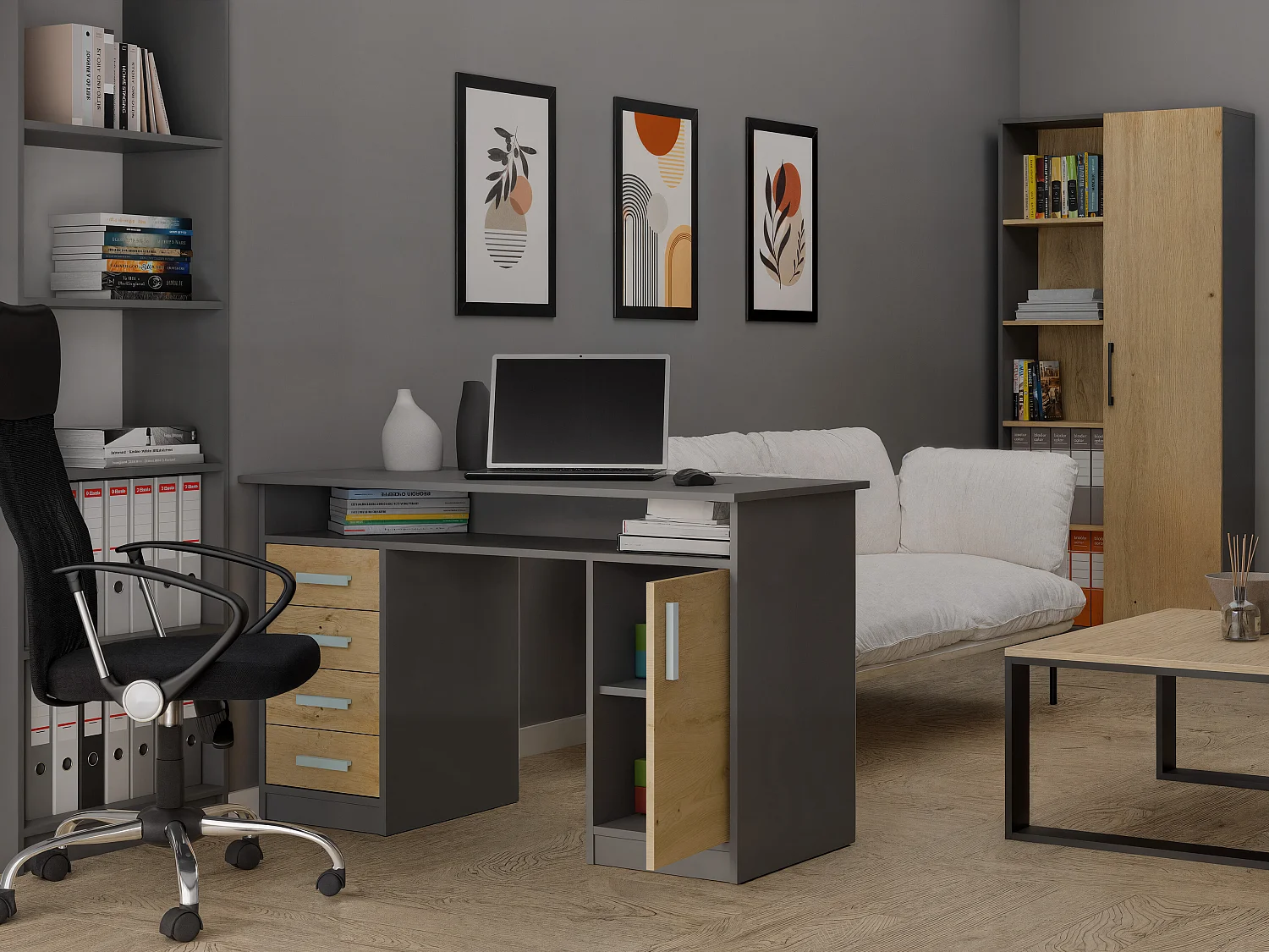 Scrivania 125x75 cm con 4 cassetti e anta rovere/antracite SCT9