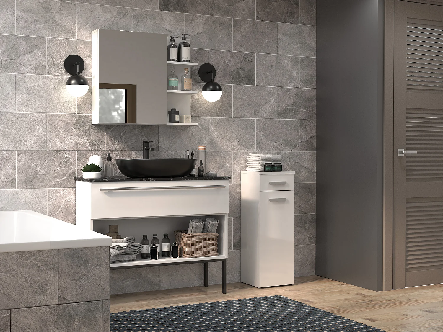 Mobiletto bagno a colonna 30x85 cm con anta e cassetto bianco lucido MBT2