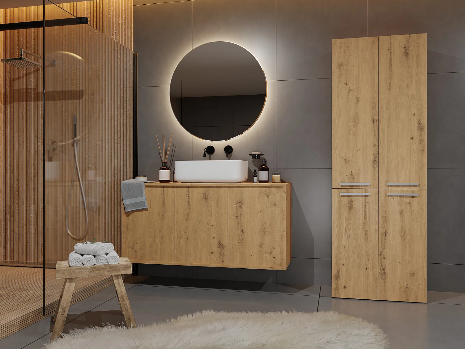 Armadio bagno 60x174 cm cesti portabiancheria rovere ABT3