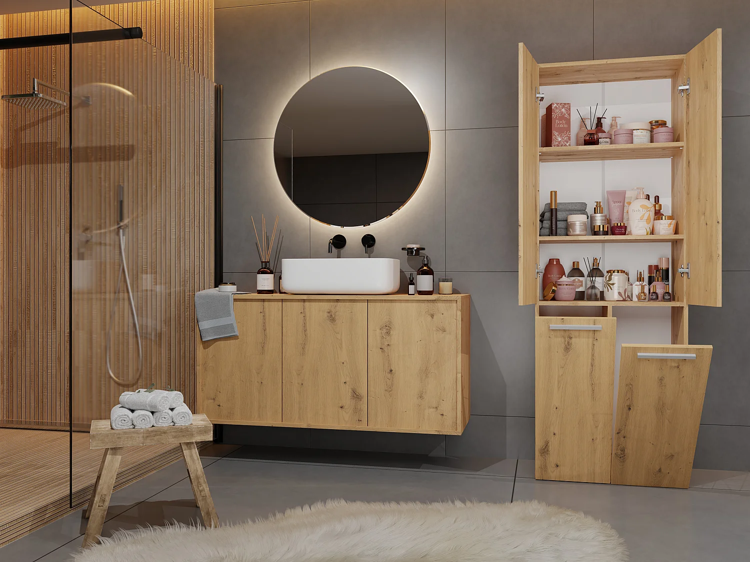 Armadio bagno 60x174 cm cesti portabiancheria rovere ABT3
