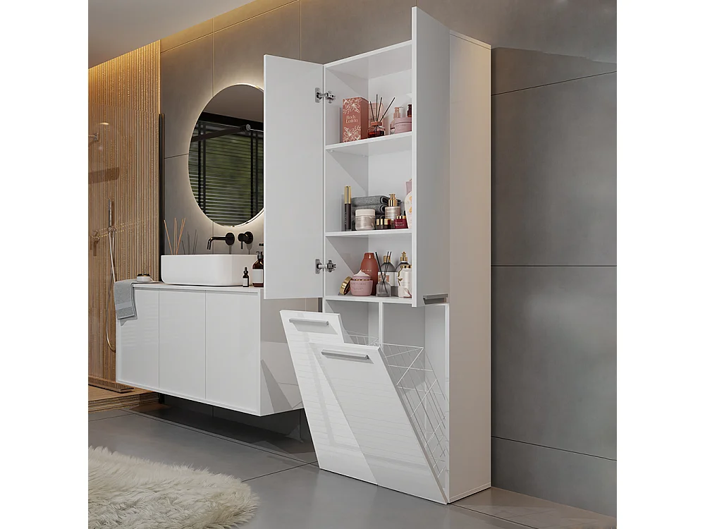 Armadio bagno 60x174 cm cesti portabiancheria bianco lucido ABT3
