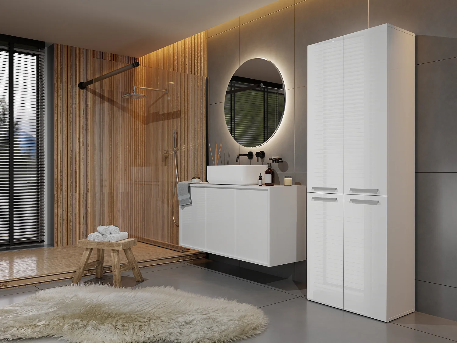 Armadio bagno 60x174 cm cesti portabiancheria bianco lucido ABT3