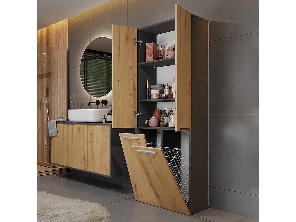 Armadio bagno 60x174 cm cesti portabiancheria rovere/antracite ABT3