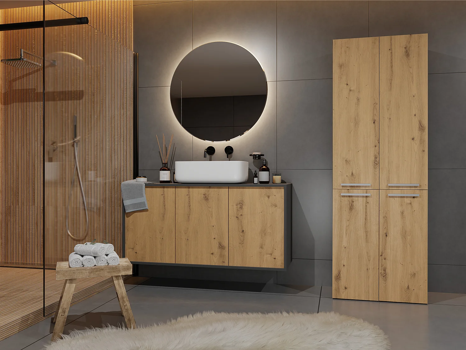 Armadio bagno 60x174 cm cesti portabiancheria rovere/antracite ABT3