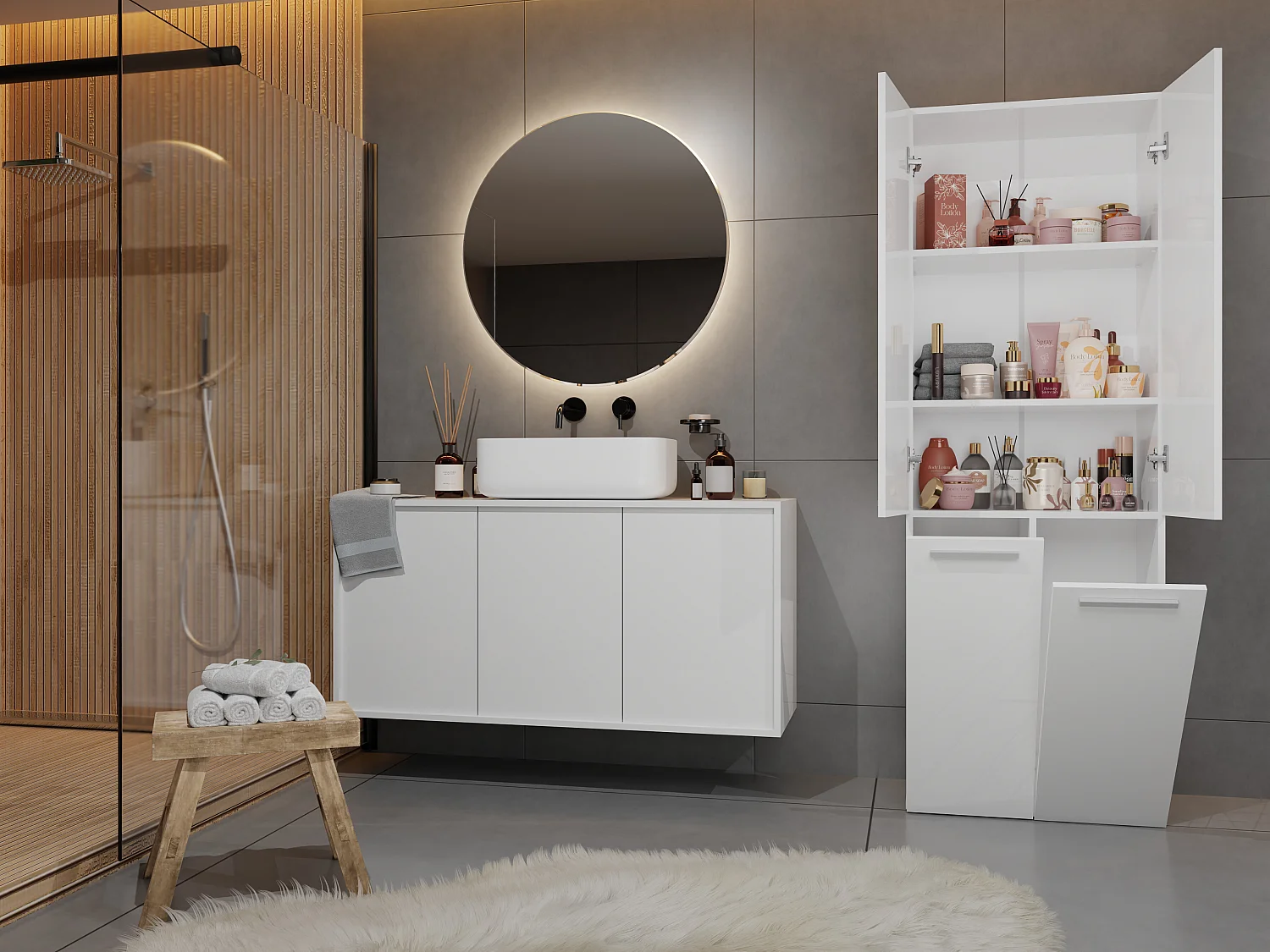 Armadio bagno 60x174 cm cesti portabiancheria bianco ABT3