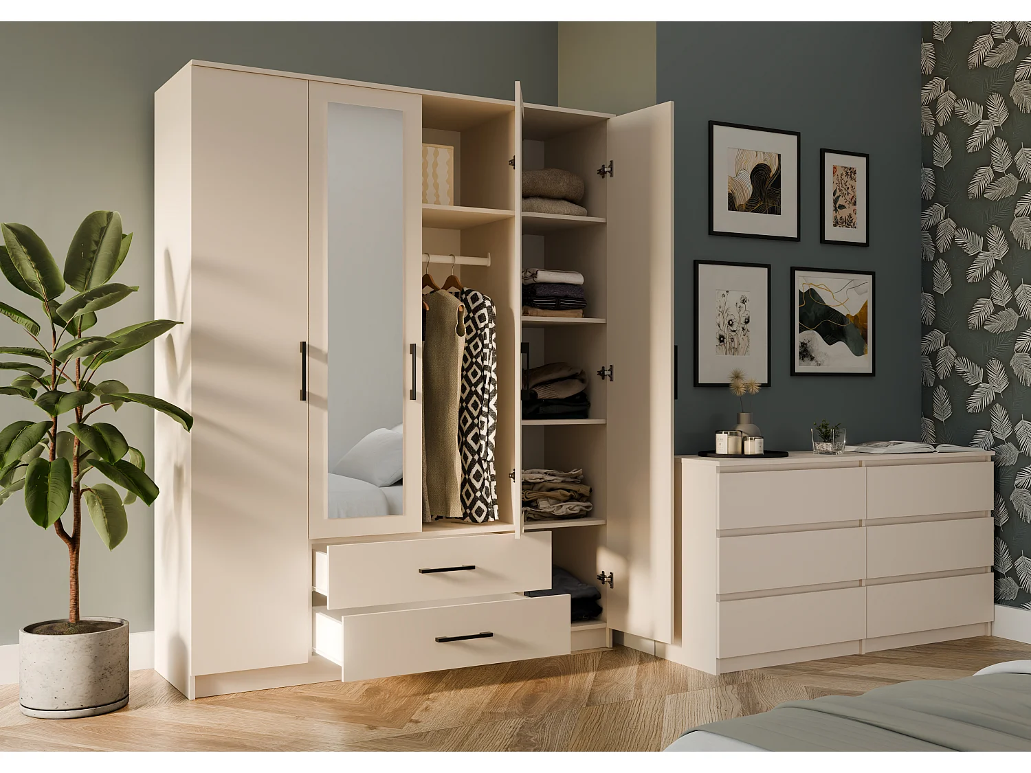 Armadio 4 ante 160x205 cm con specchio beige AT15