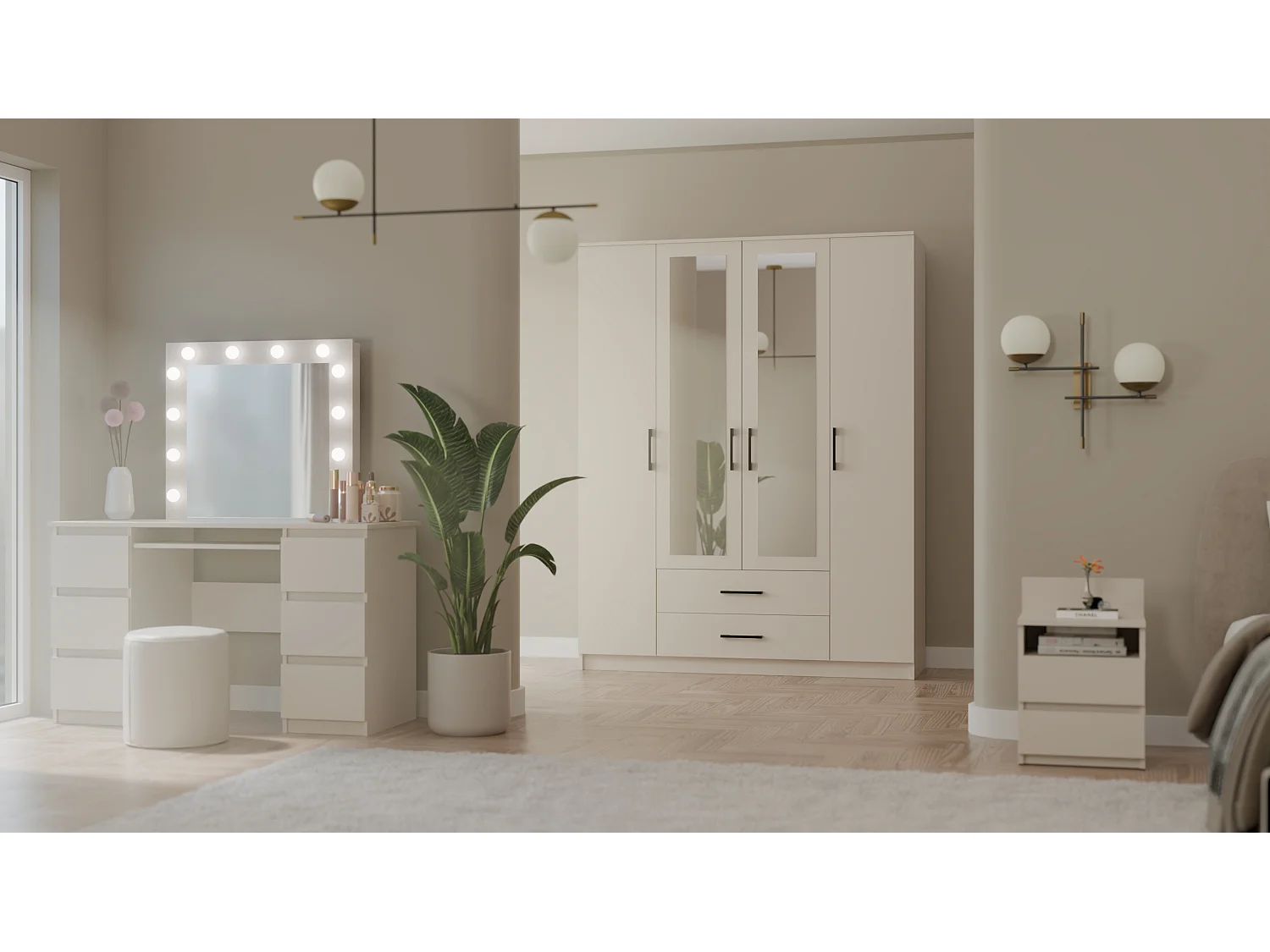 Armadio 4 ante 160x205 cm con specchio beige AT15