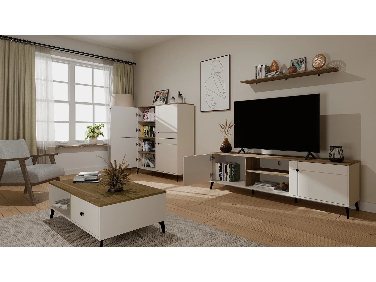 Mobile tv grande 183,5 cm con ante cashmere e rovere PTVT5
