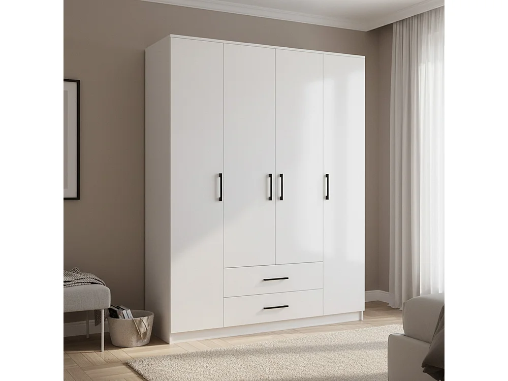Armadio 4 ante 160x205 cm cassetti bianco AT14