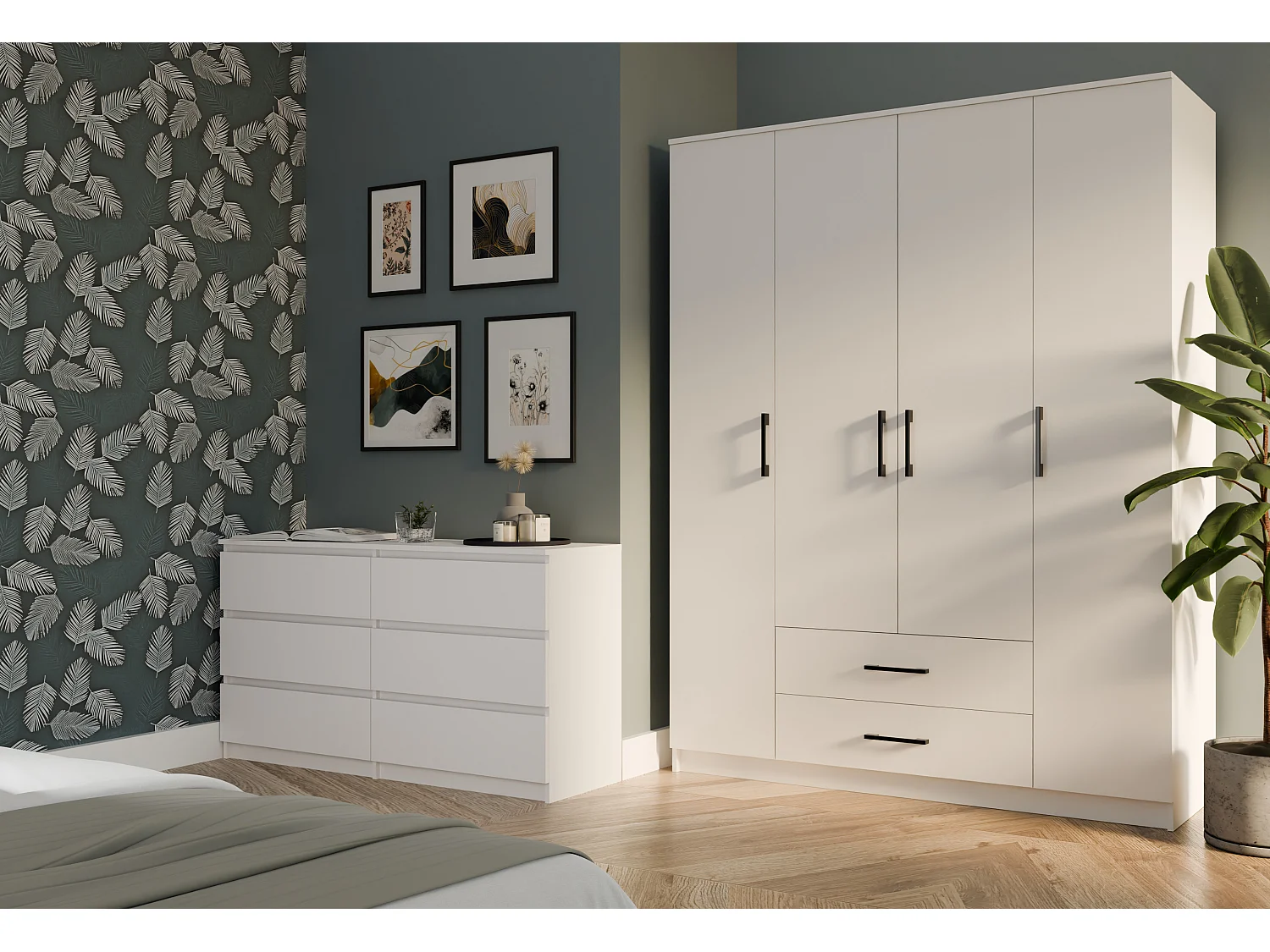 Armadio 4 ante 160x205 cm cassetti bianco AT14