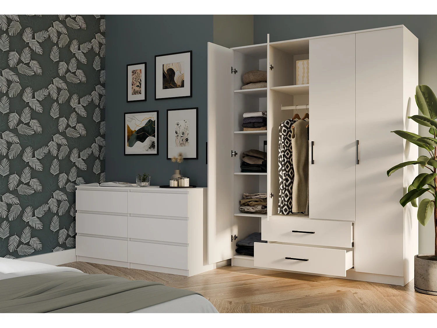 Armadio 4 ante 160x205 cm cassetti bianco AT14