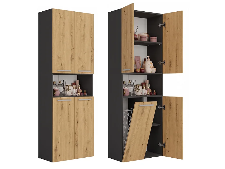 Armadio bagno 60x174 cm con cesto portabiancheria rovere/antracite ABT2