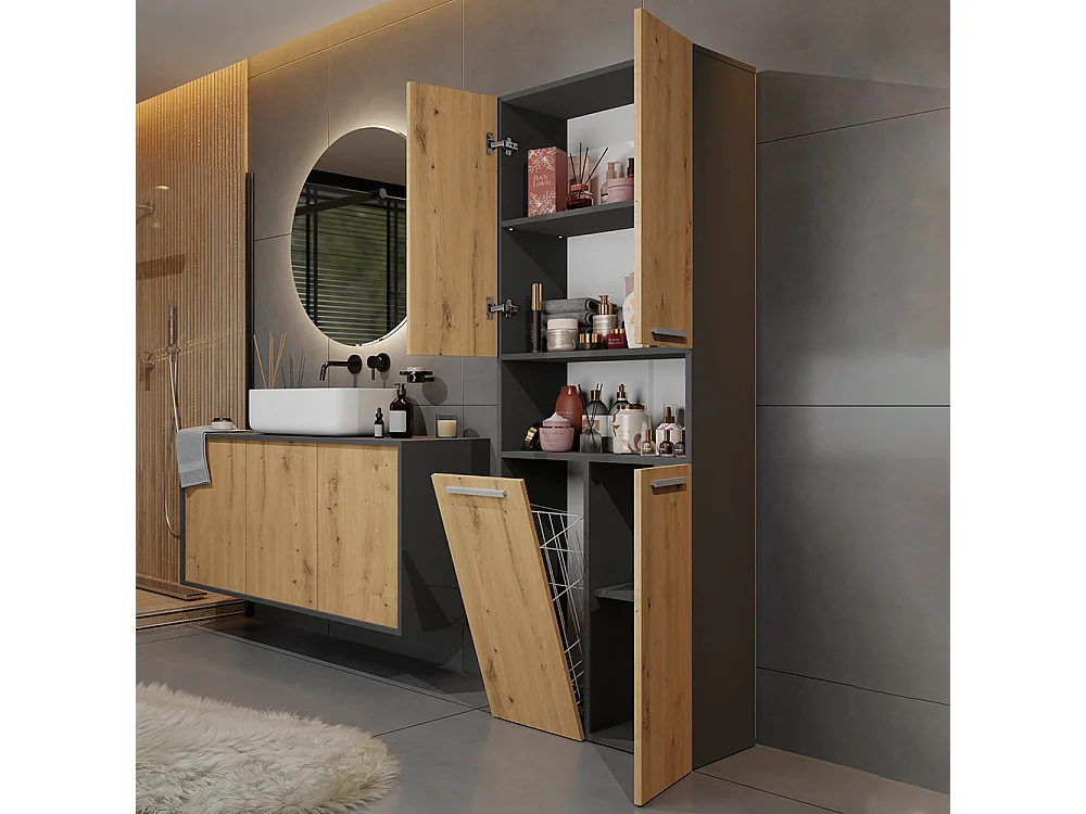 Armadio bagno 60x174 cm con cesto portabiancheria rovere/antracite ABT2