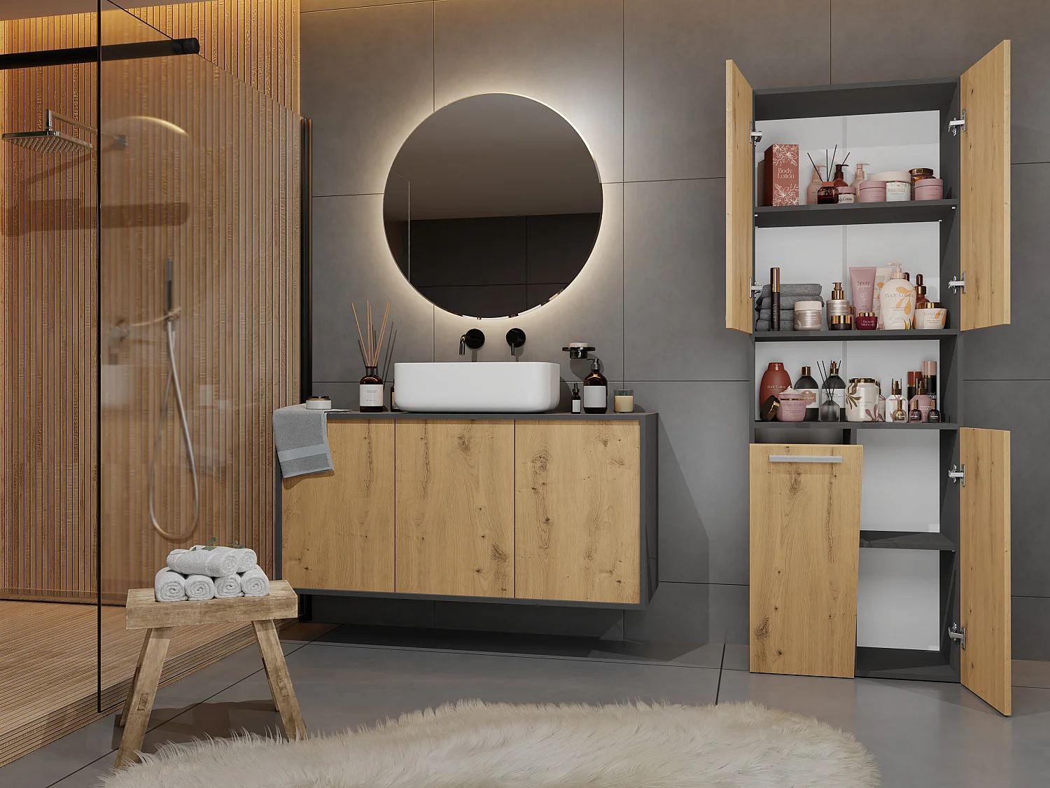 Armadio bagno 60x174 cm con cesto portabiancheria rovere/antracite ABT2