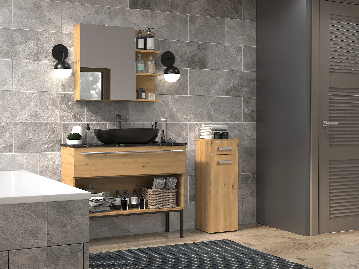 Mobiletto bagno a colonna 30x85 cm con anta e cassetto rovere MBT2