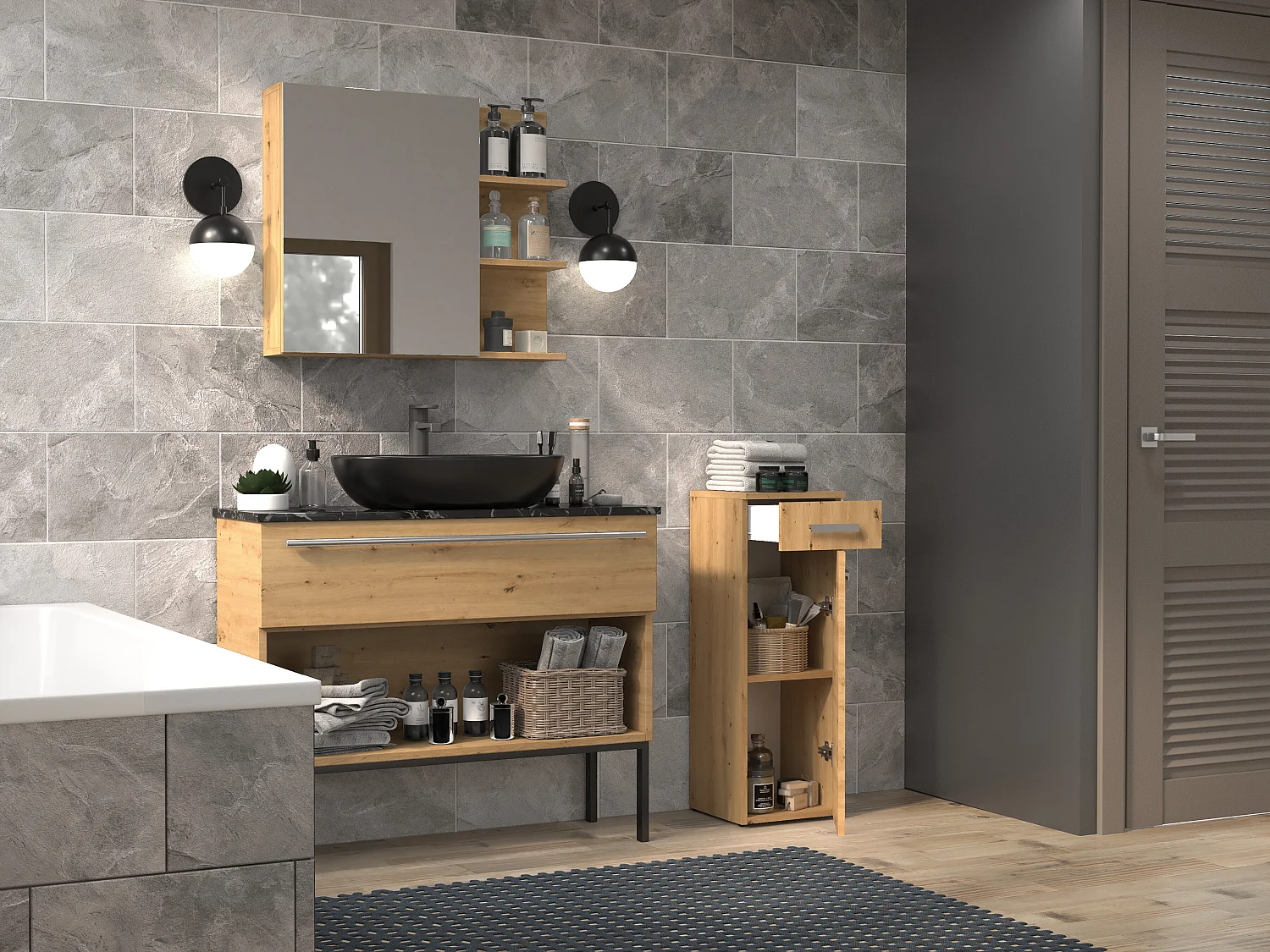 Mobiletto bagno a colonna 30x85 cm con anta e cassetto rovere MBT2
