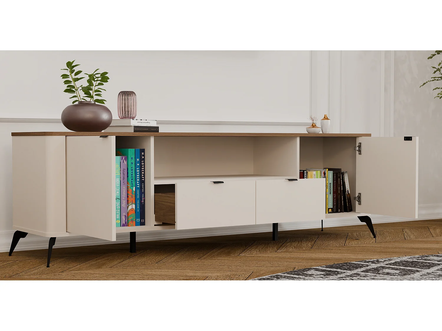 Mobile tv 186 cm con ante e cassetti cashmere e rovere PTVT3