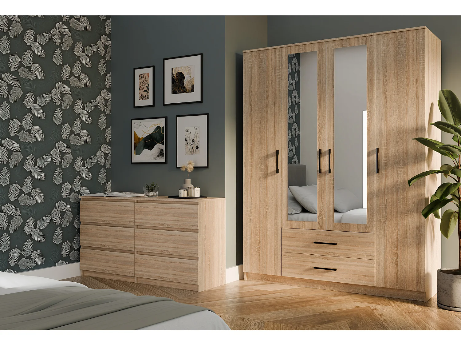 Armadio 4 ante 160x205 cm con specchio rovere chiaro AT15