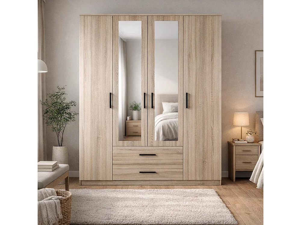 Armadio 4 ante 160x205 cm con specchio rovere chiaro AT15