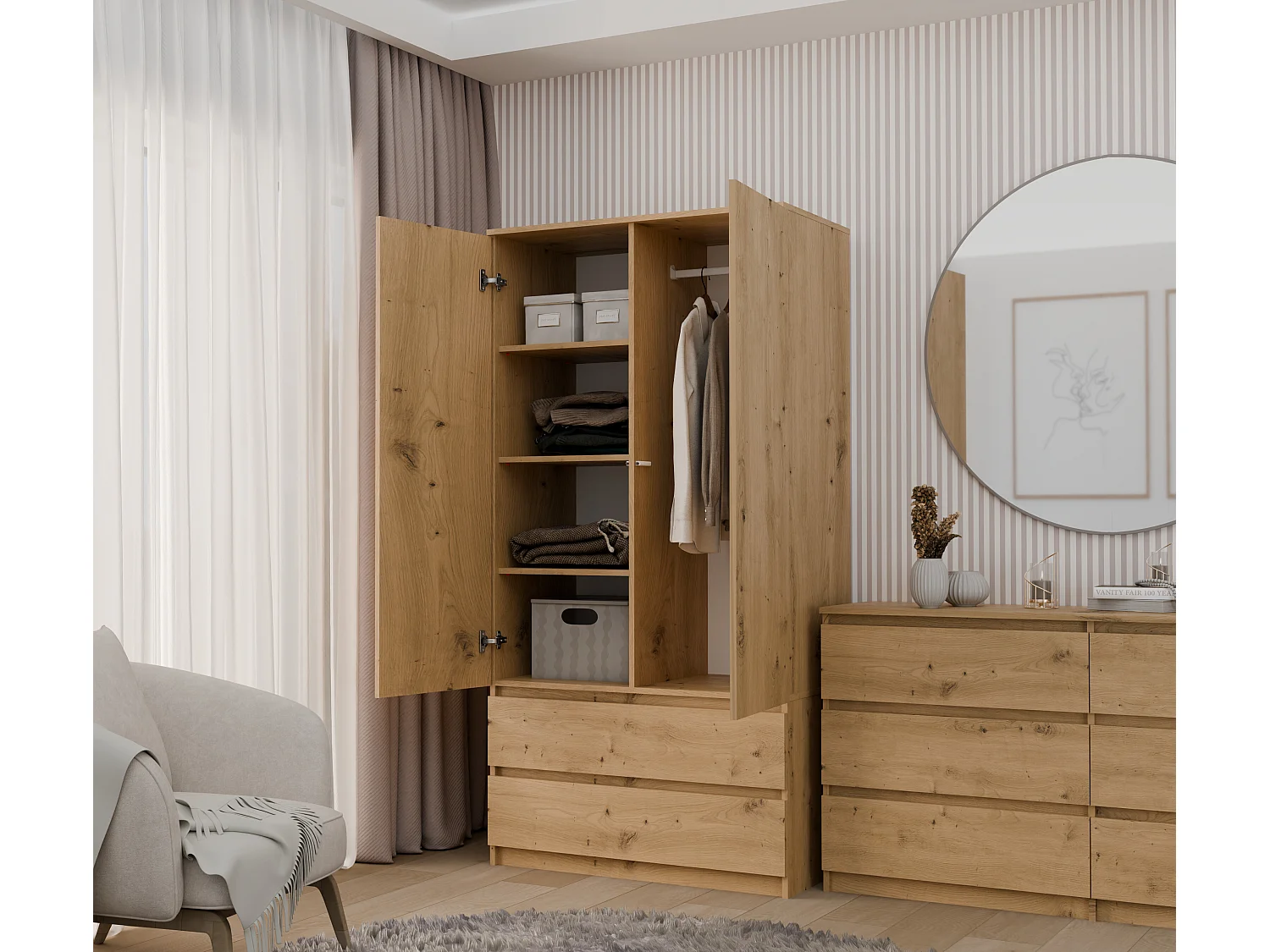 Armadio a 2 ante 90x180 cm con cassetti rovere AT10