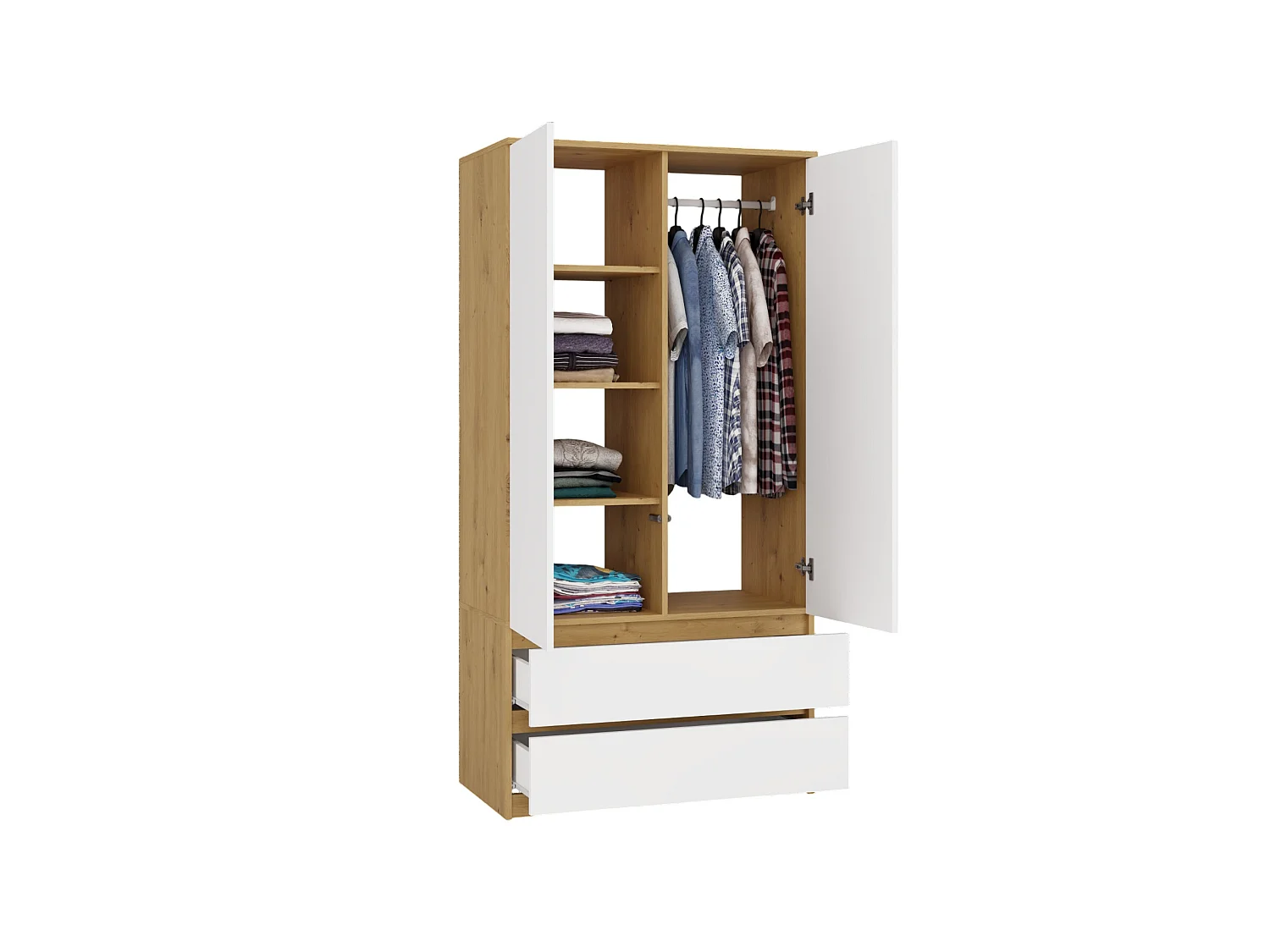Armadio a 2 ante 90x180 cm con cassetti bianco/rovere AT10