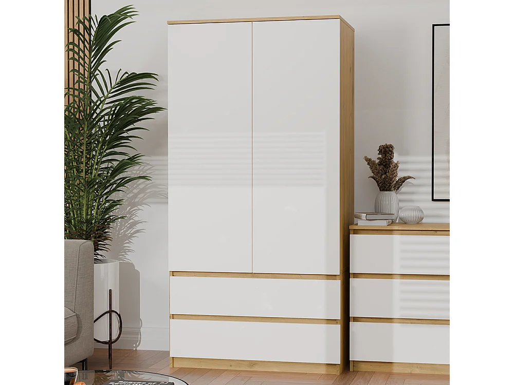 Armadio a 2 ante 90x180 cm con cassetti bianco/rovere AT10