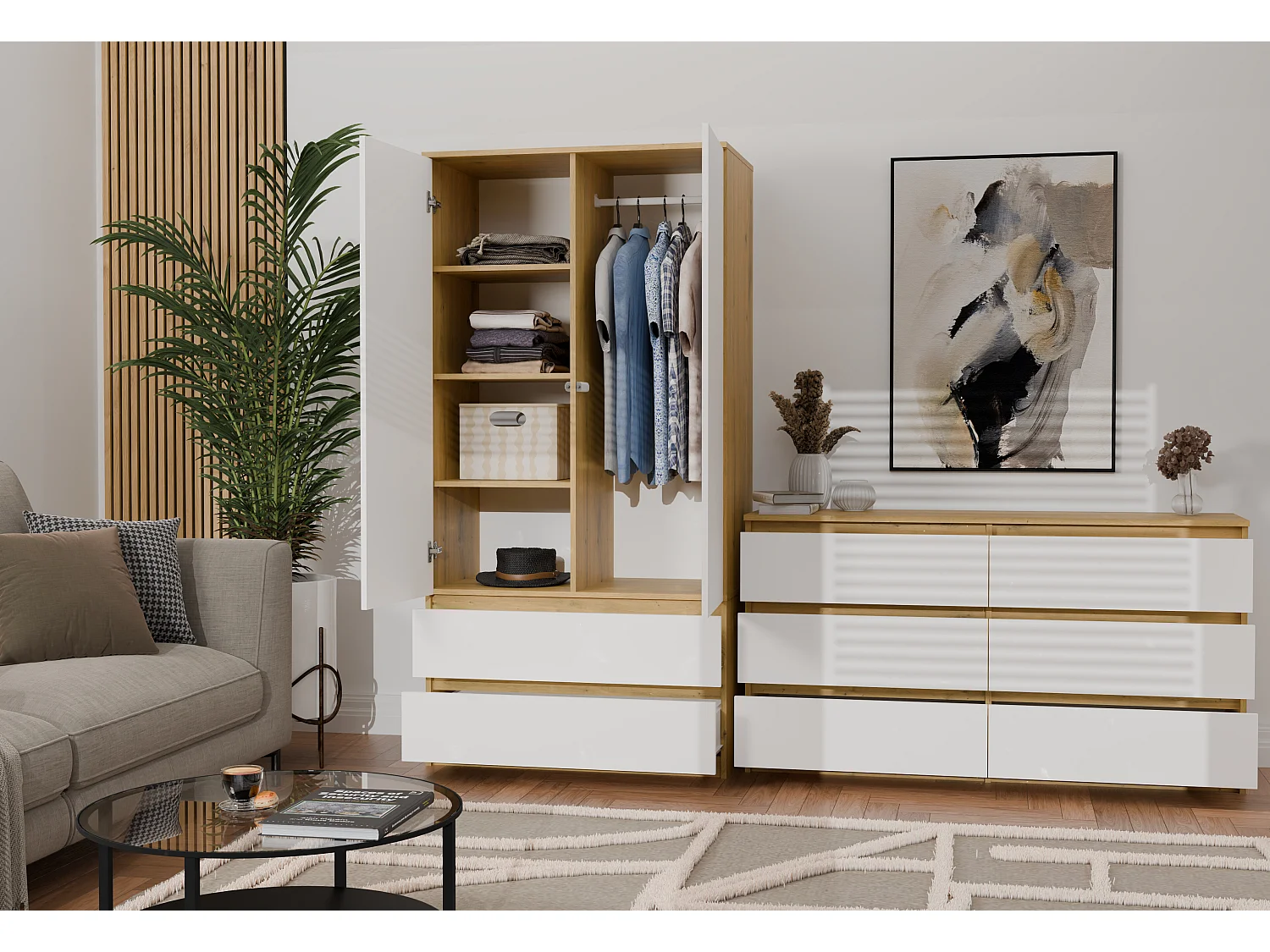Armadio a 2 ante 90x180 cm con cassetti bianco/rovere AT10