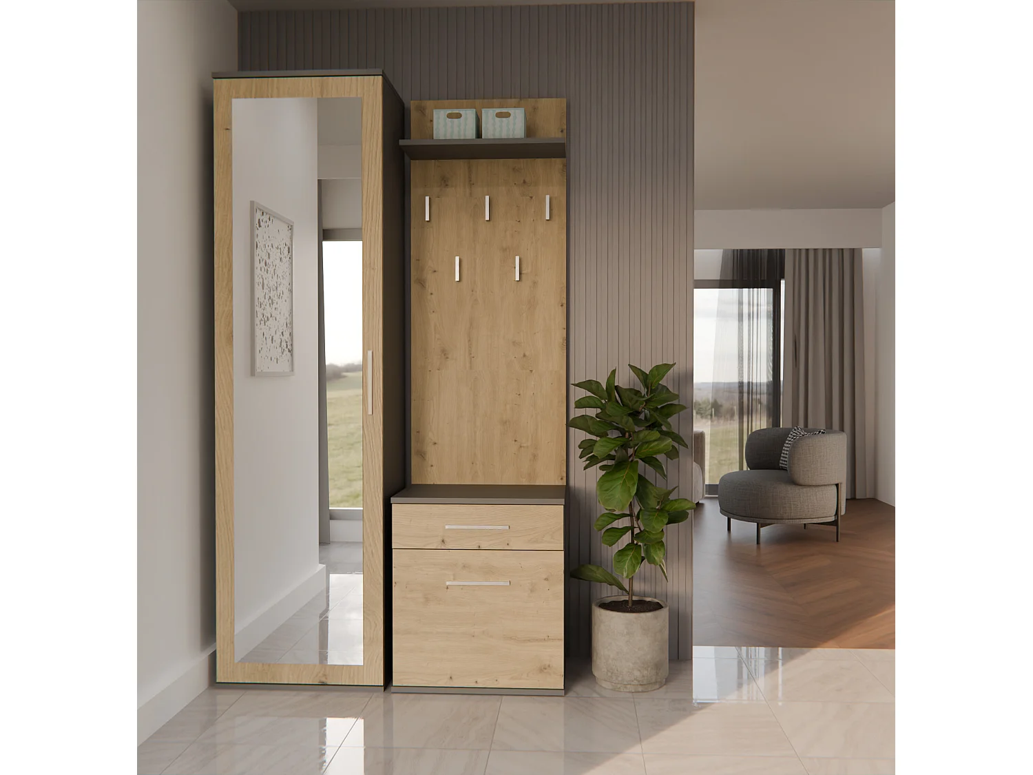 Mobile ingresso con specchio rovere e antracite MIT3