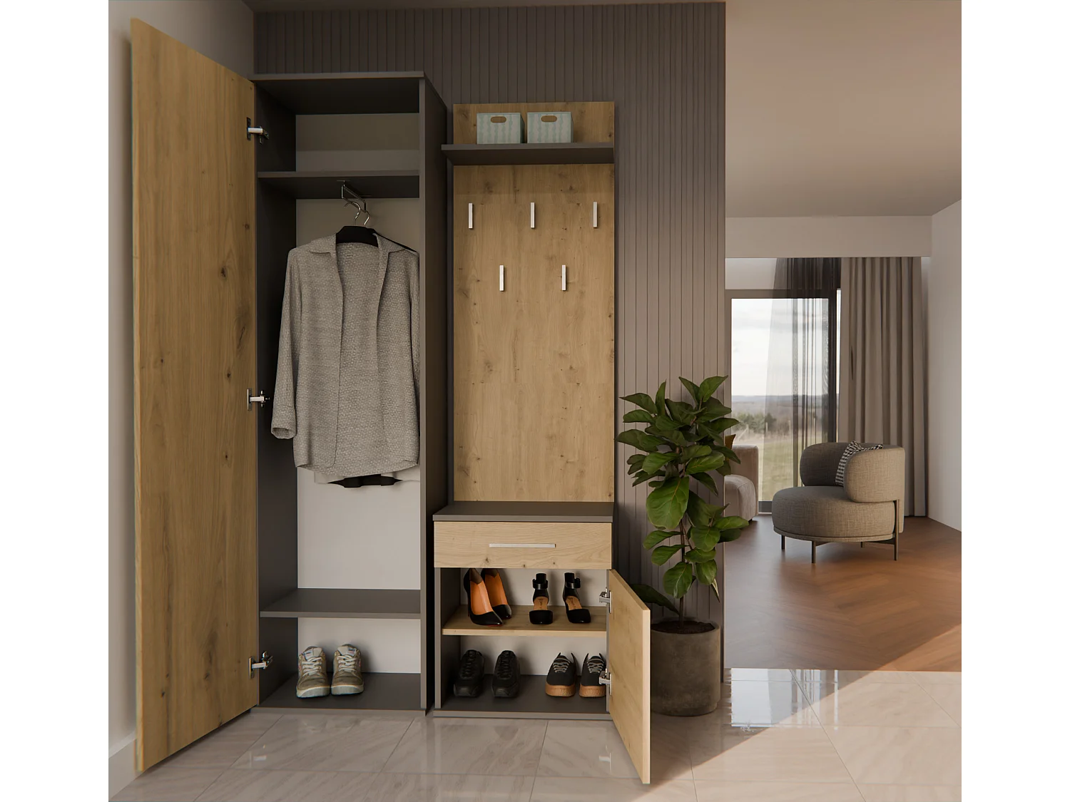 Mobile ingresso con specchio rovere e antracite MIT3