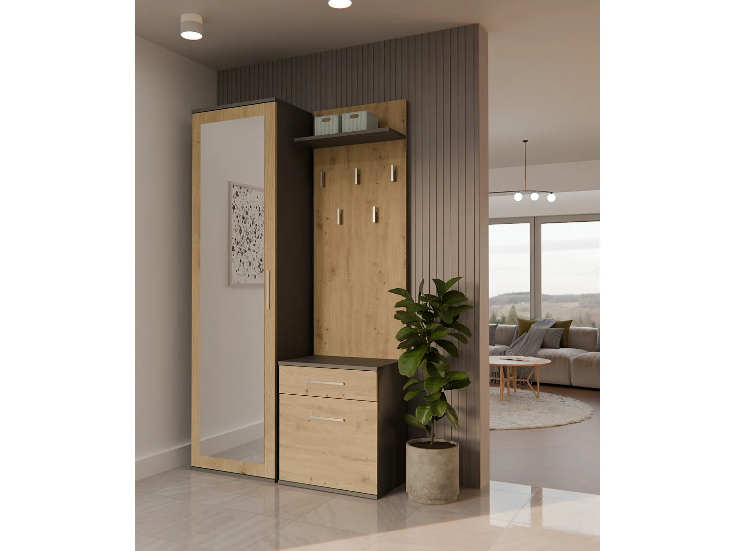 Mobile ingresso con specchio rovere e antracite MIT3