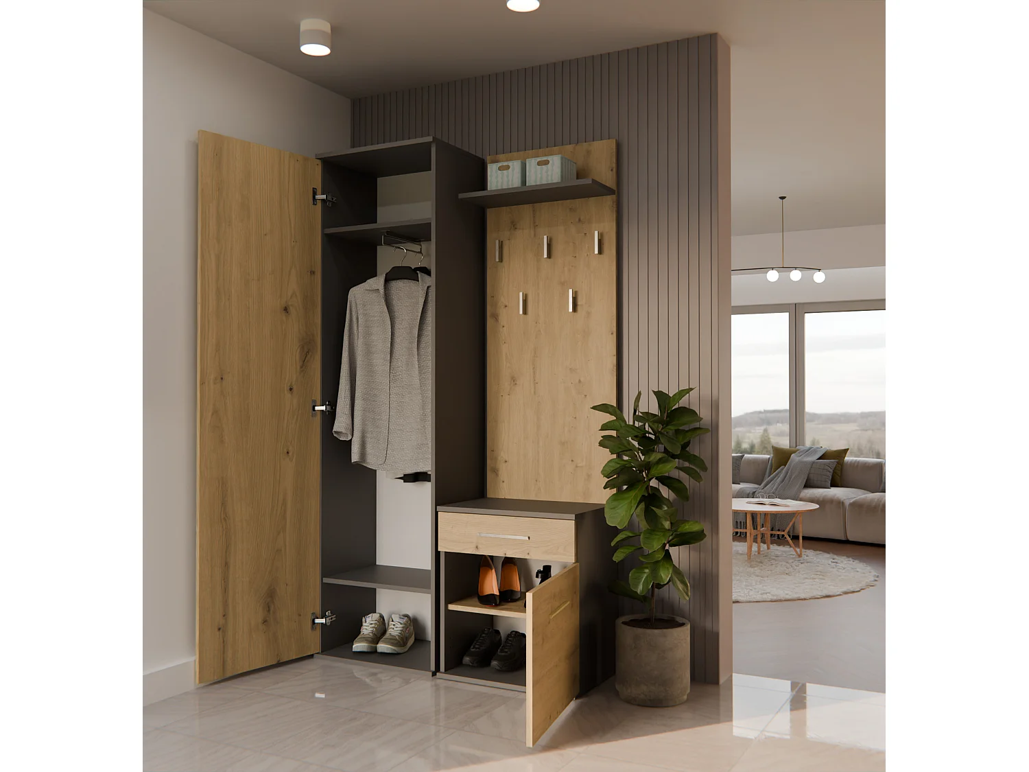 Mobile ingresso con specchio rovere e antracite MIT3