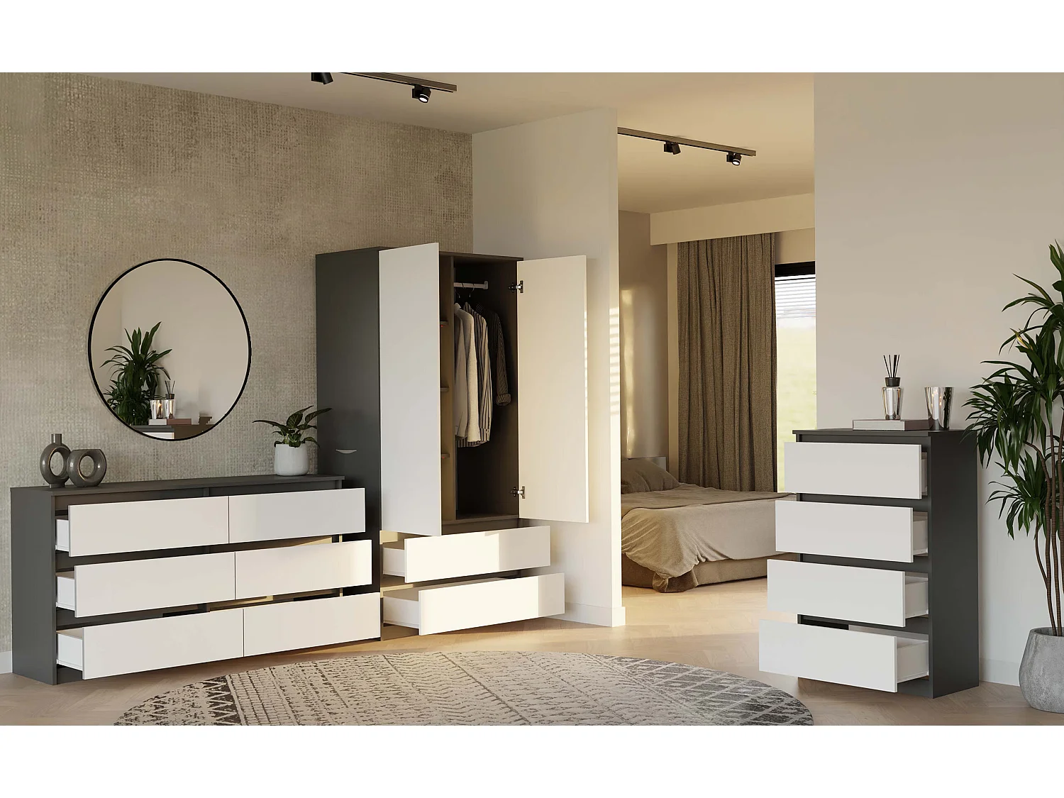 Armadio a 2 ante 90x180 cm con cassetti bianco/antracite AT10