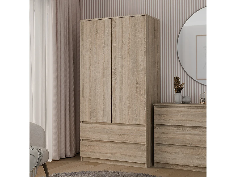 Armadio a 2 ante 90x180 cm con cassetti rovere chiaro AT10
